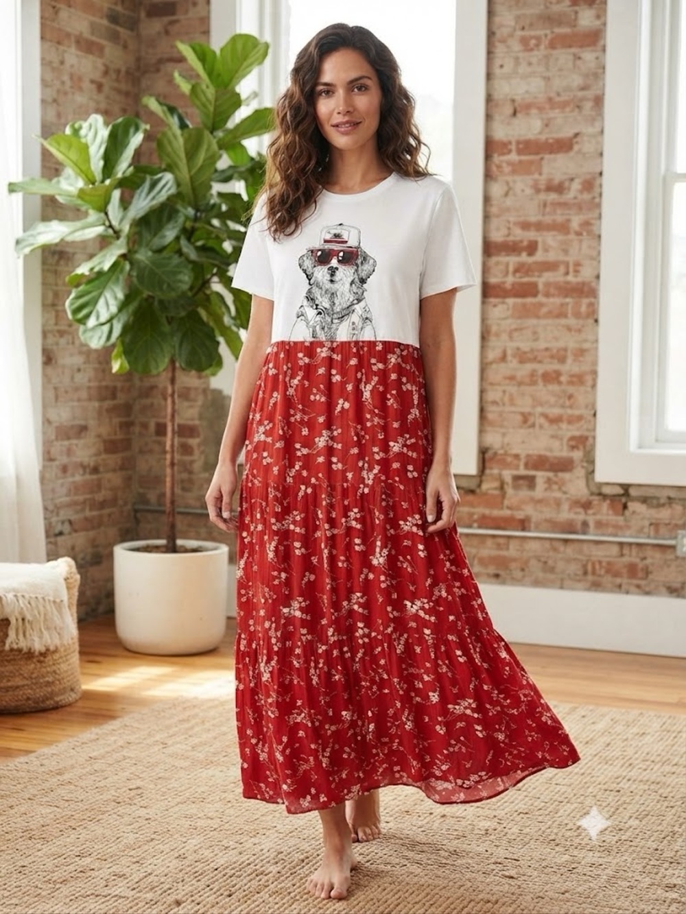 UPCYCLED Graphic Tee and Red Floral Maxi Dress